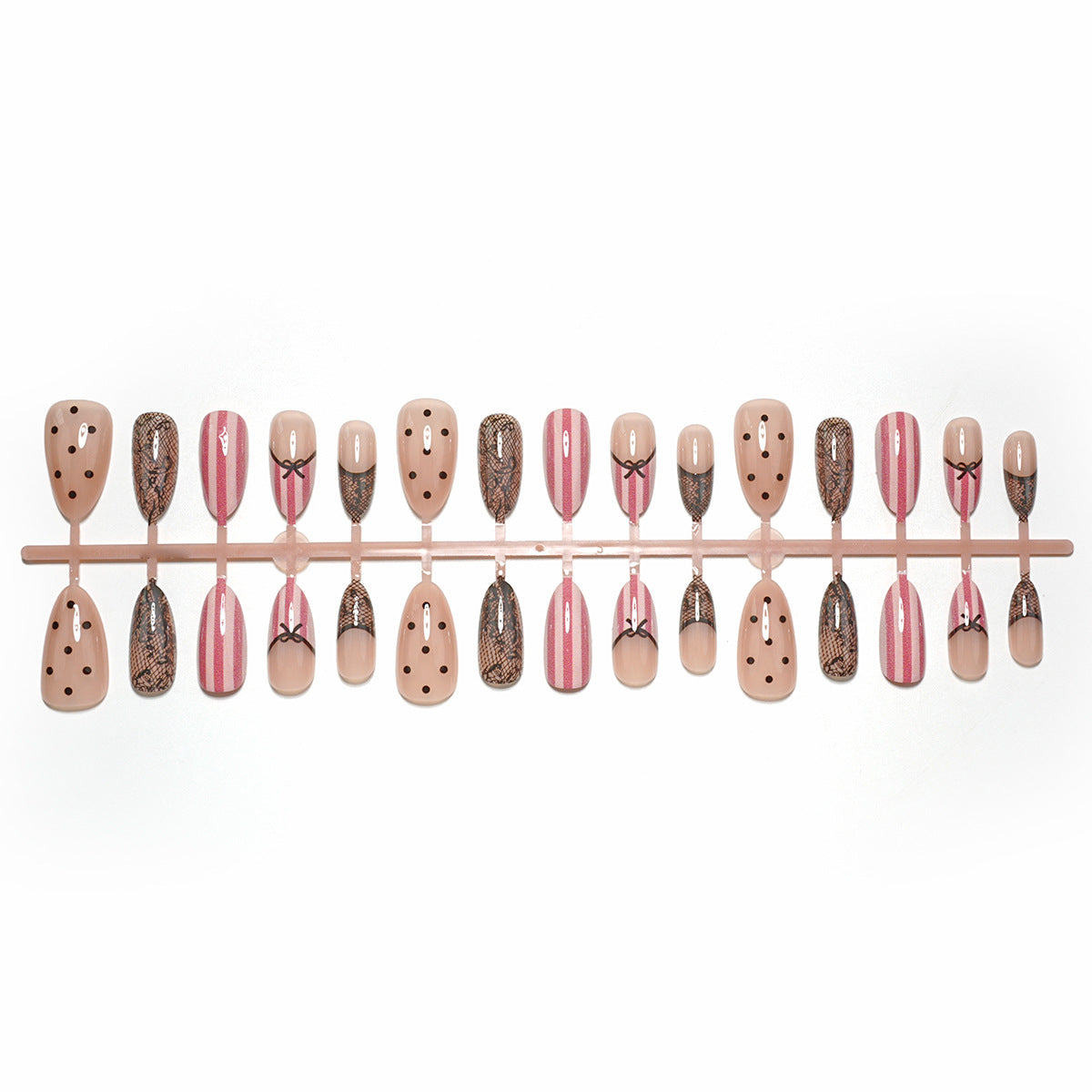 30pcs Black Lace Polka dot Stripe Almond Nails