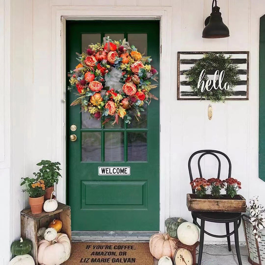Autumn floral wreath door decoration with pumpkin vine ring door hanging Thanksgiving twine ornaments