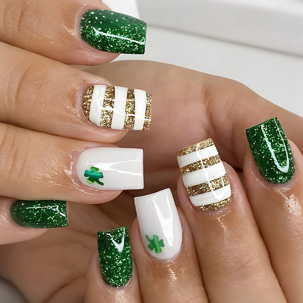 24pcs Square Green&Gold Stripe St. Patrick's Day Nails