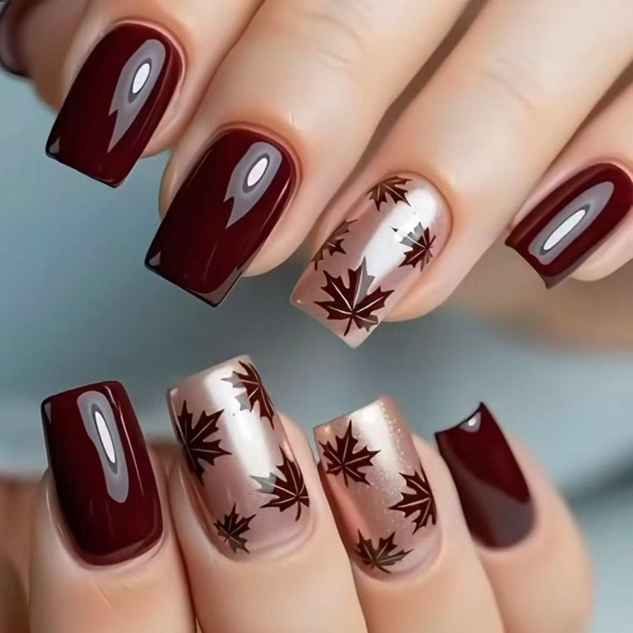 24pcs Short Square Wine Red Maple leaf Nails