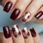 24pcs Short Square Wine Red Maple leaf Nails