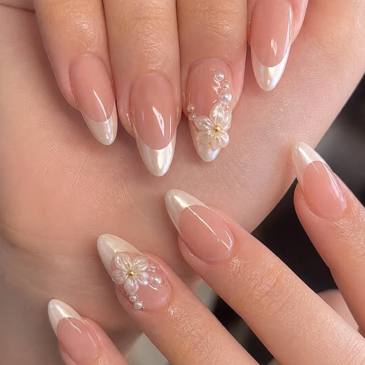 French White 3D flower Almond nails