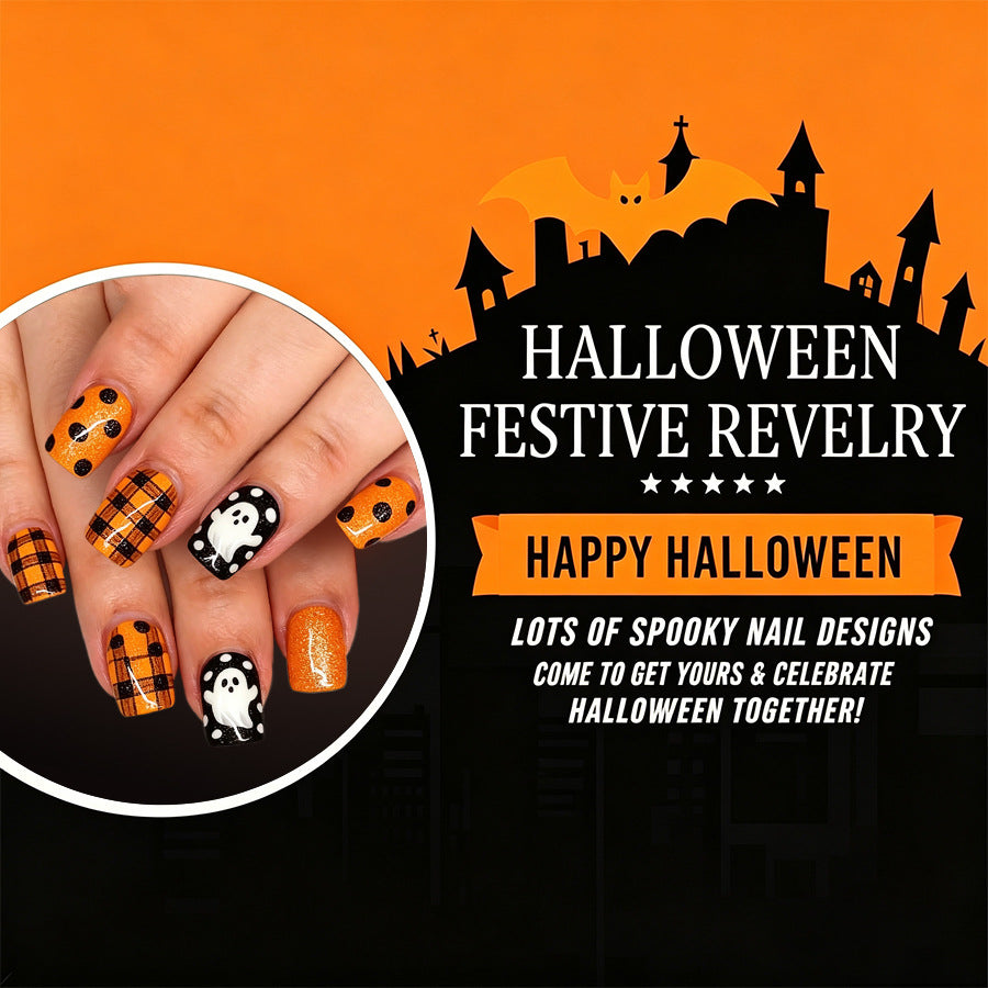 24pcs Short Square Halloween Orange-black Polka dot nails