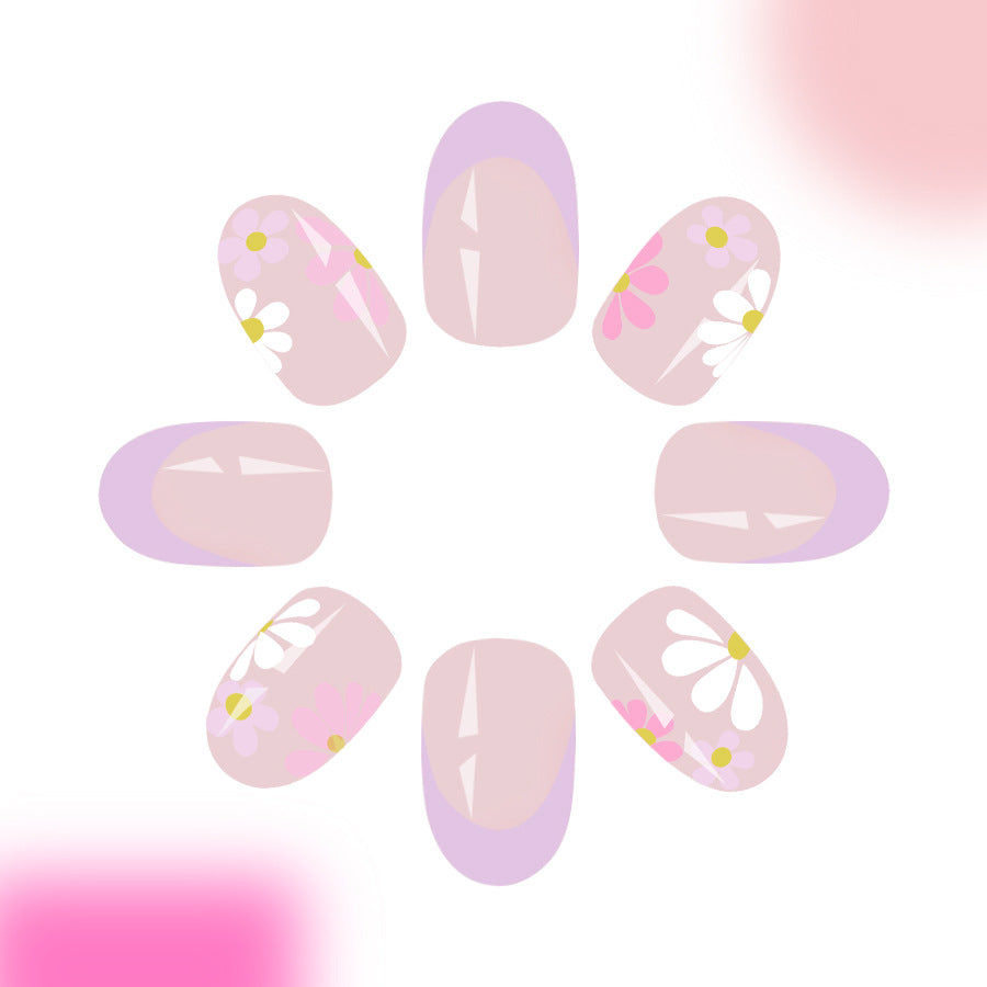 24pcs Short Oval sleeves light Purple French flowers Nails