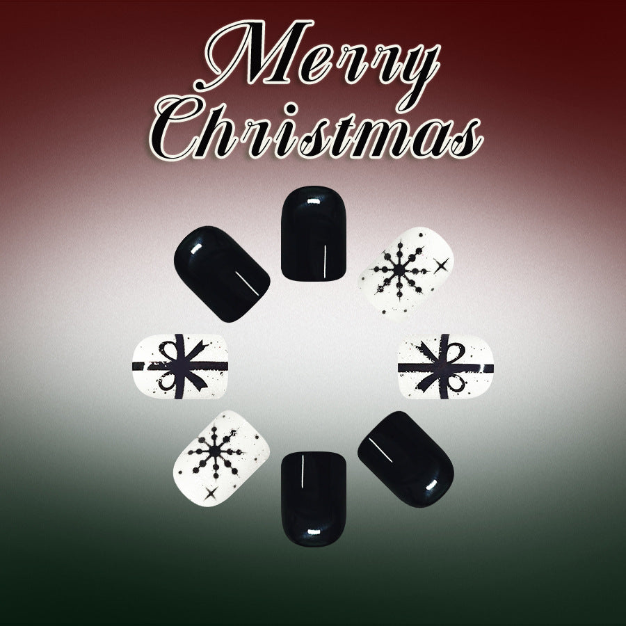 24pcs Short Square Black and white snowflake Christmas Nails