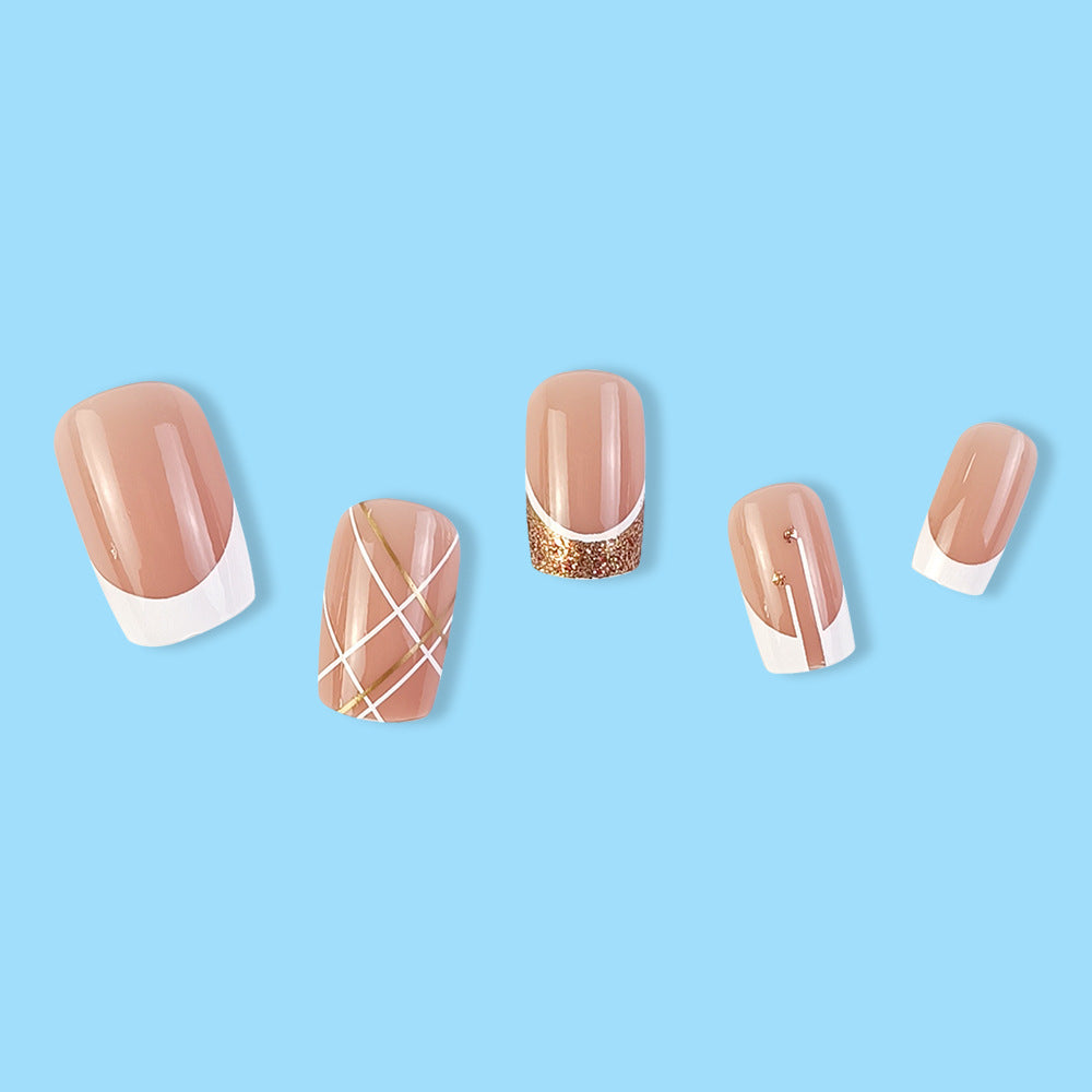 24pcs French-style Short Square nail tips with Gold-rimmed