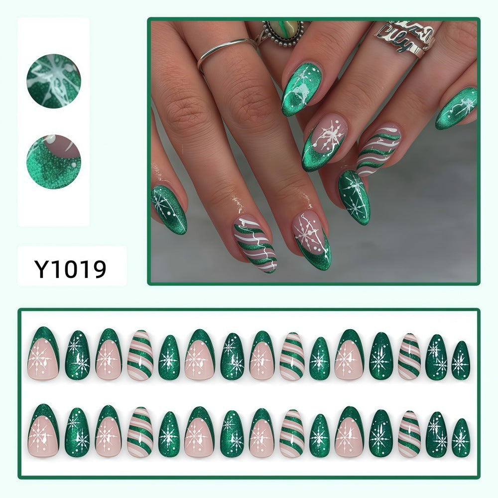 Christmas Green Almond French Cat-eye Nails