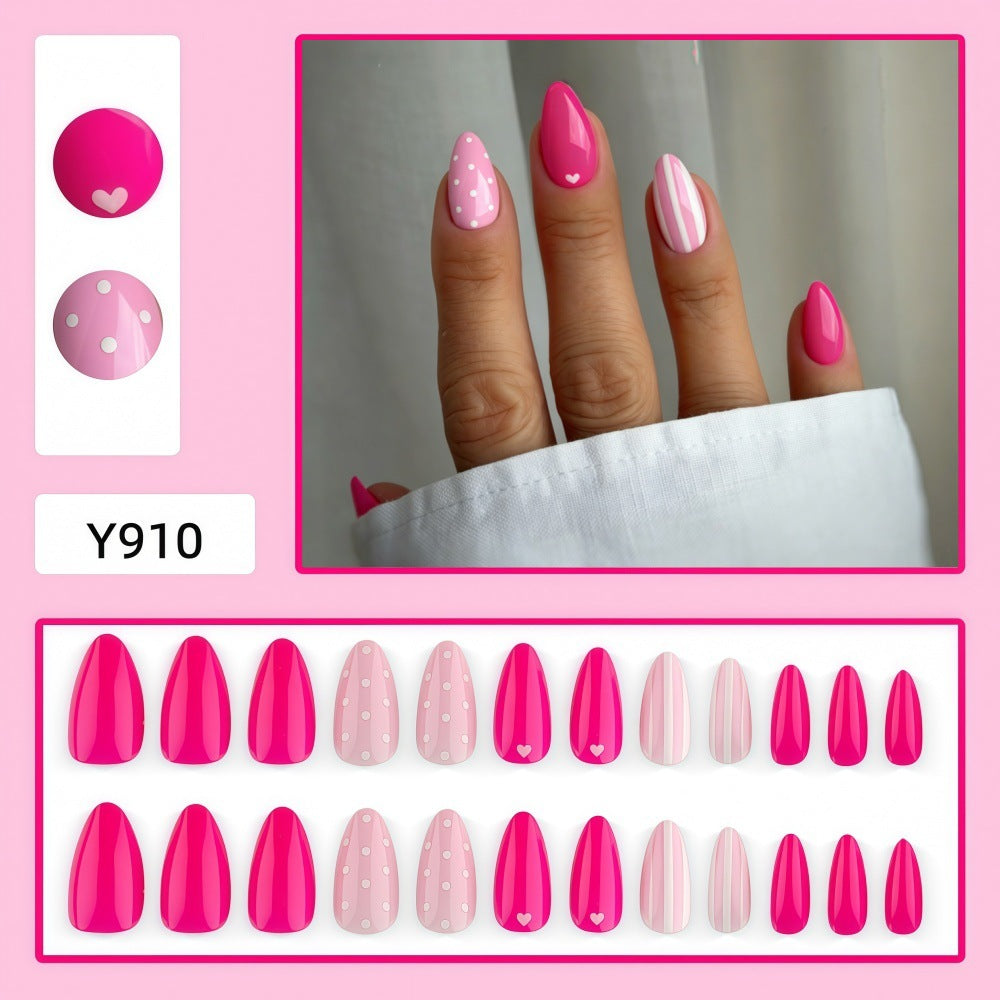 24pcs Pink heart-shaped dotted Almond Nails