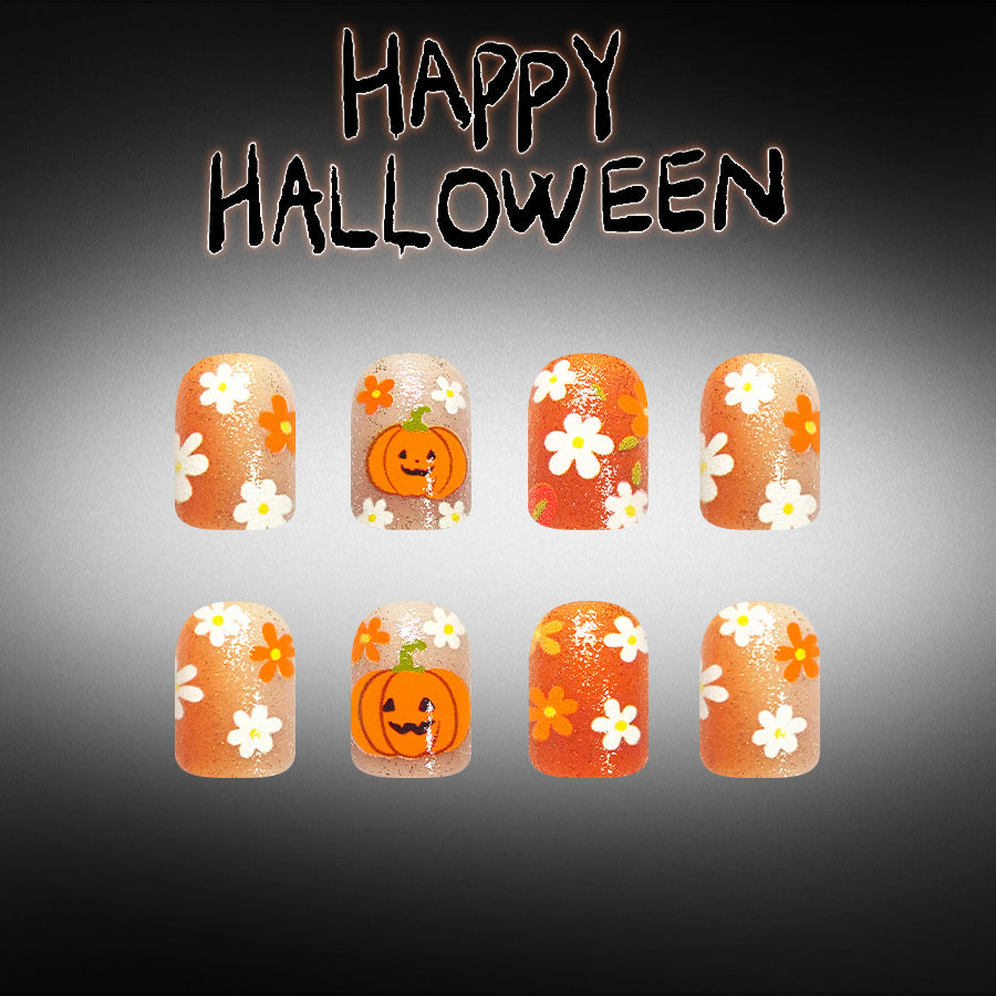 24pcs Short Square Orange pumpkin Halloween Nails