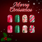 24pcs Short Square Christmas tree with Snowflake Pattern Stripes Glittering pink Nails