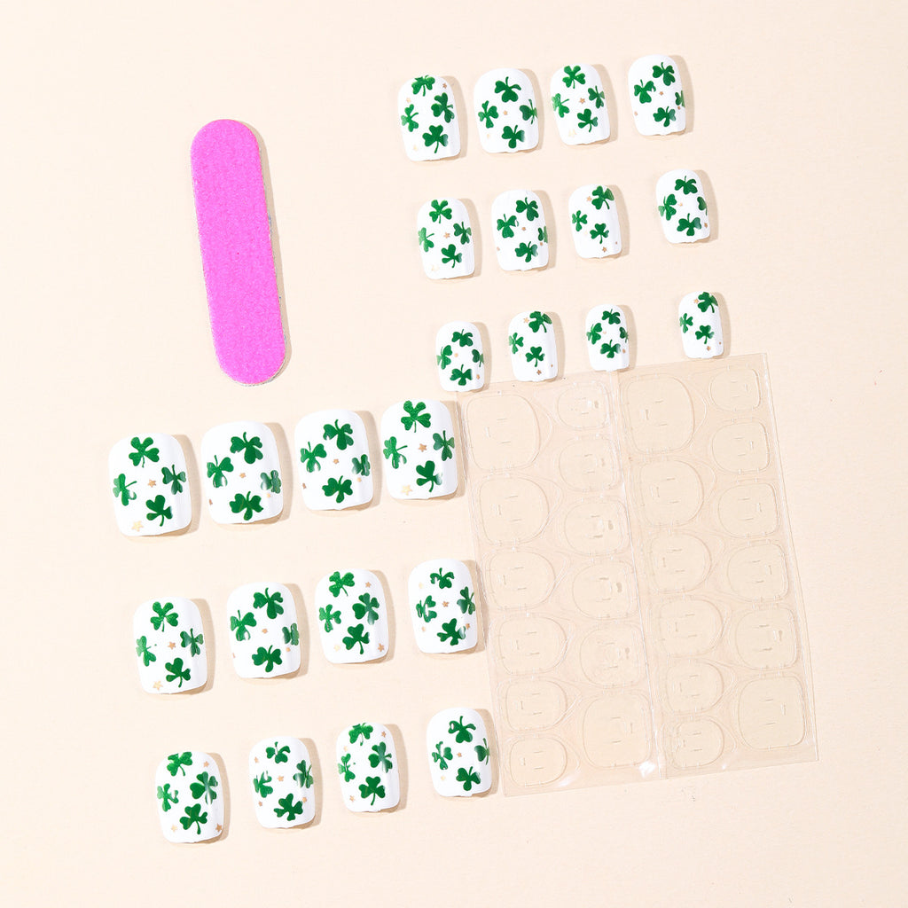24pcs St. Patrick's Short Square White Four-leaf Stars Nails