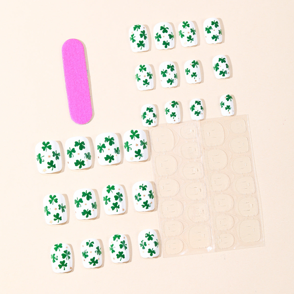 24pcs St. Patrick's Short Square White Four-leaf Stars Nails