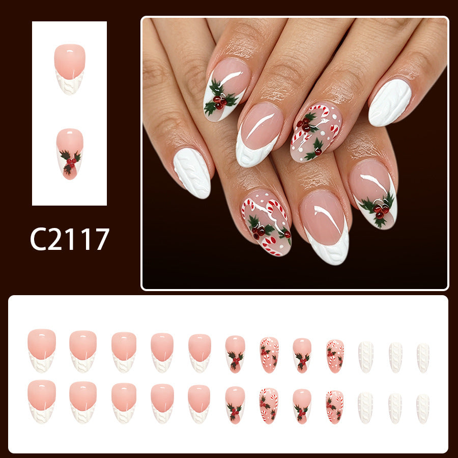 24pcs Short Almond-white French candy Christmas Nails