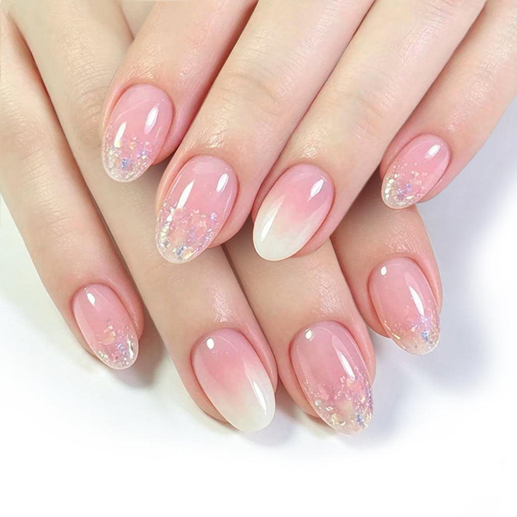 24 pcs Short Oval Glitter Pink nails
