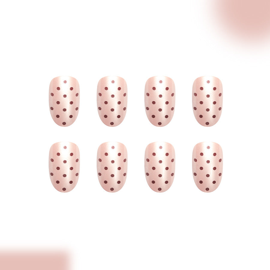 24pcs Short Oval Sleeve Nude Aurora Coffee-colored Polka dots nails