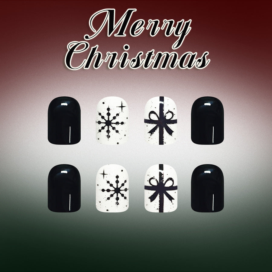24pcs Short Square Black and white snowflake Christmas Nails