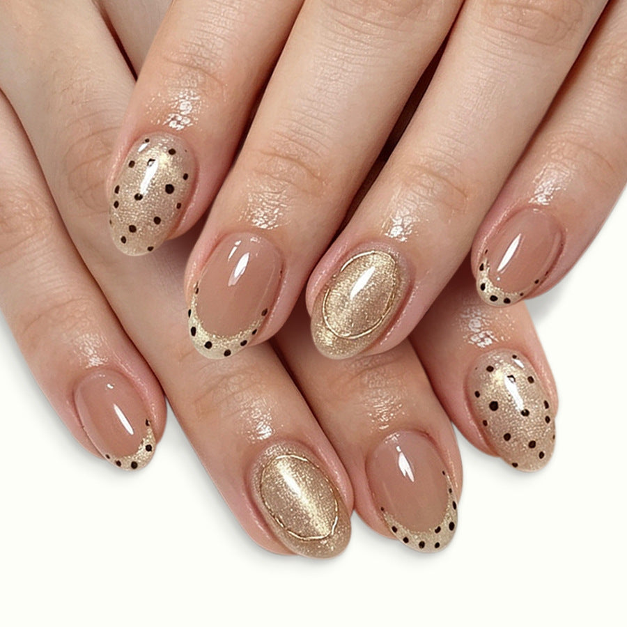 24pcs Short Oval Cat-eye French Glitter Polka dot Champagne Nails