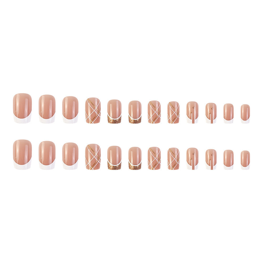 24pcs French-style Short Square nail tips with Gold-rimmed