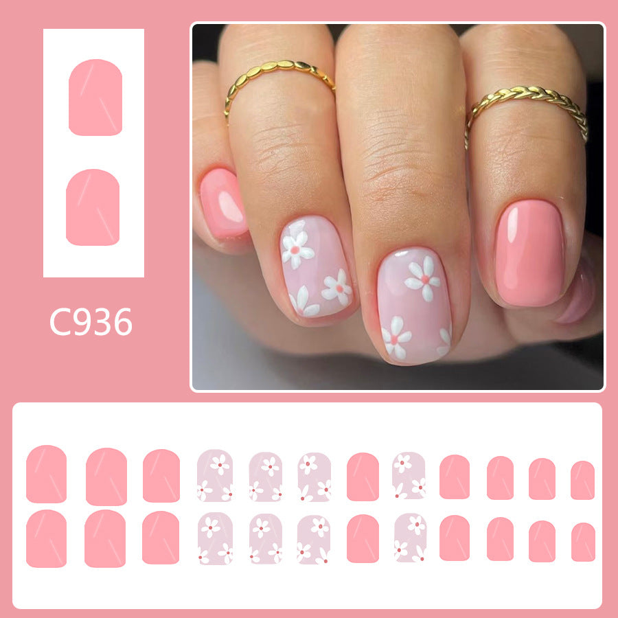 24pcs Short style Cherry blossom Pink floral Nails