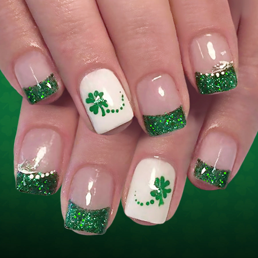 24pcs Shiny Square Saint Patrick's Day Light green Four-leaf clover Nails