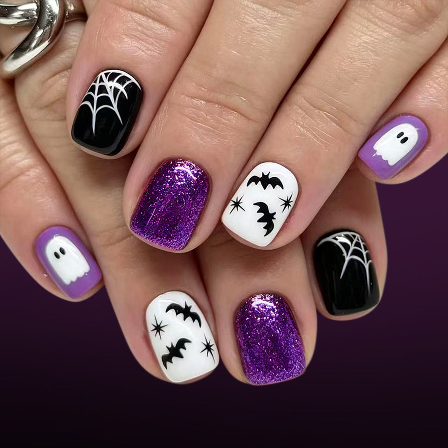 24pcs Short Square Halloween purple nails