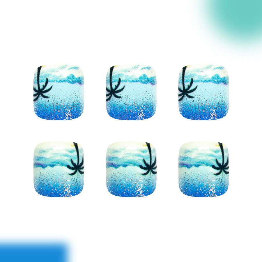 24pcs Blue Ocean Palm tree Glitter Toenails