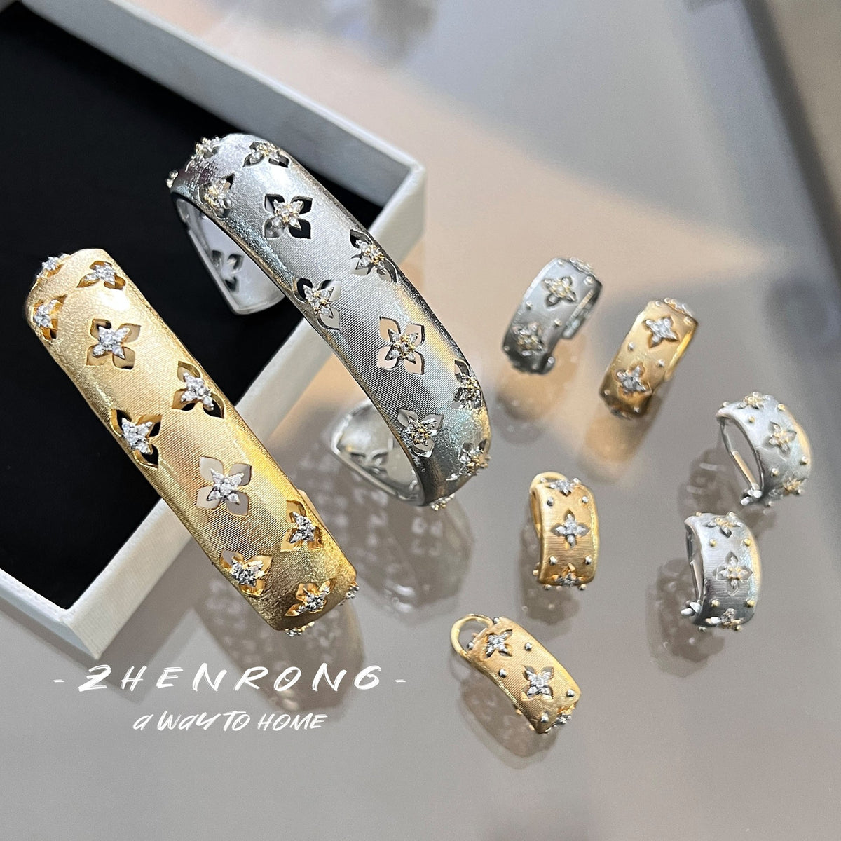 Two-color gold craftsmanship fabric finger ring, genuine gold electroplated earrings, necklace, bracelet, for women