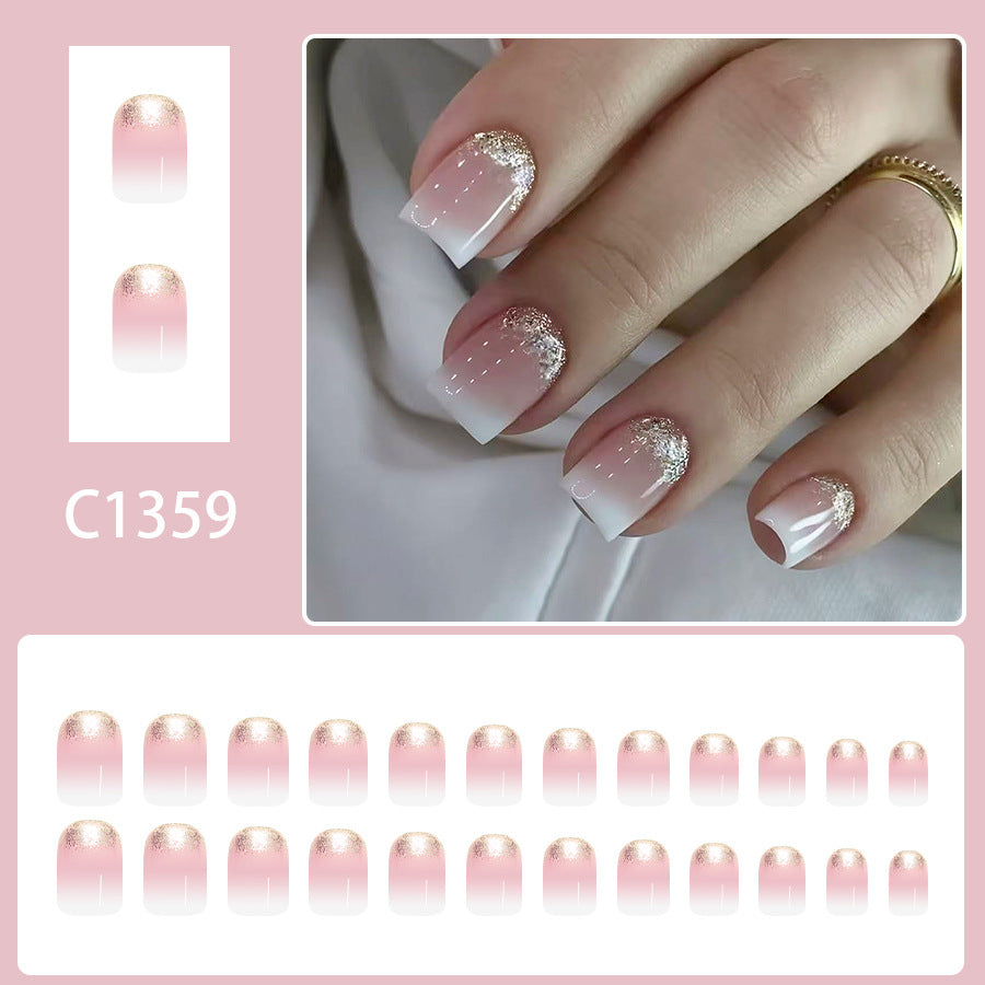 24pcs Short Glossy Square Nails with Gradient white edge French Glitter