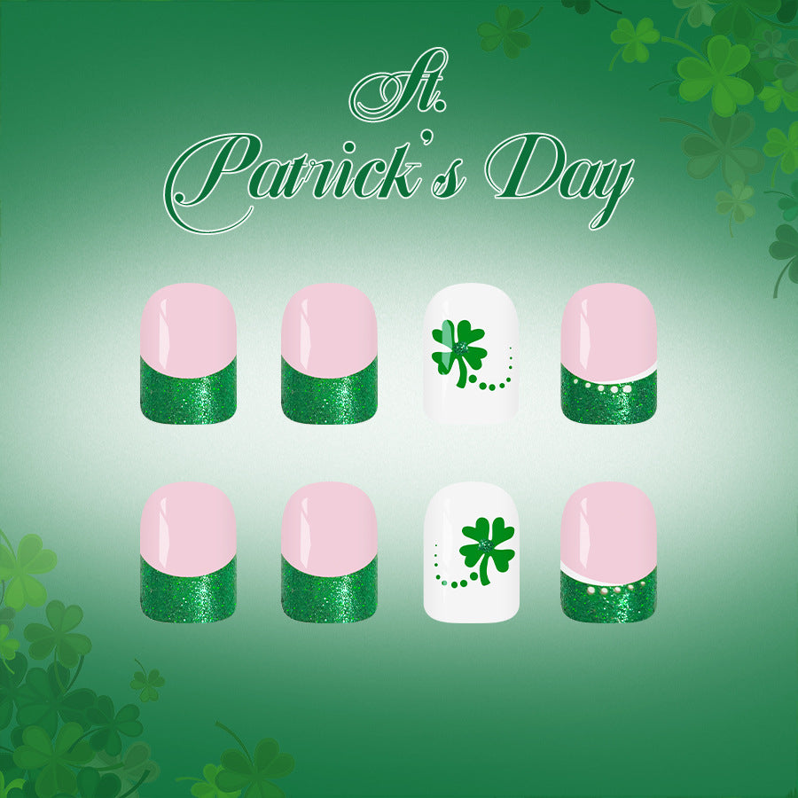 24pcs Shiny Square Saint Patrick's Day Light green Four-leaf clover Nails