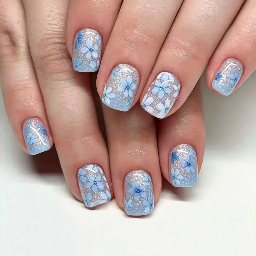 24pcs Short Square Blue Floral pattern nails