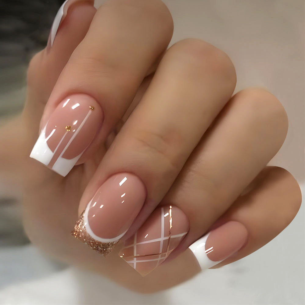 24pcs French-style Short Square nail tips with Gold-rimmed