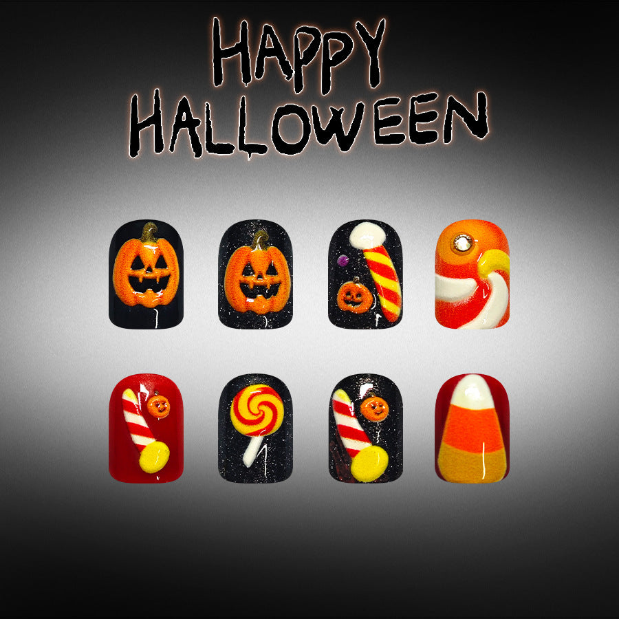 24pcs Short square pumpkin Halloween nails
