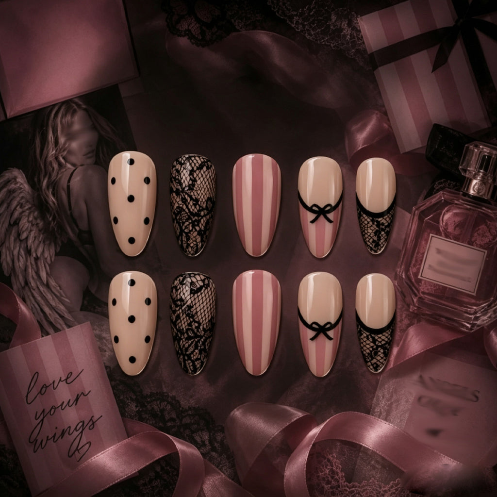 30pcs Black Lace Polka dot Stripe Almond Nails