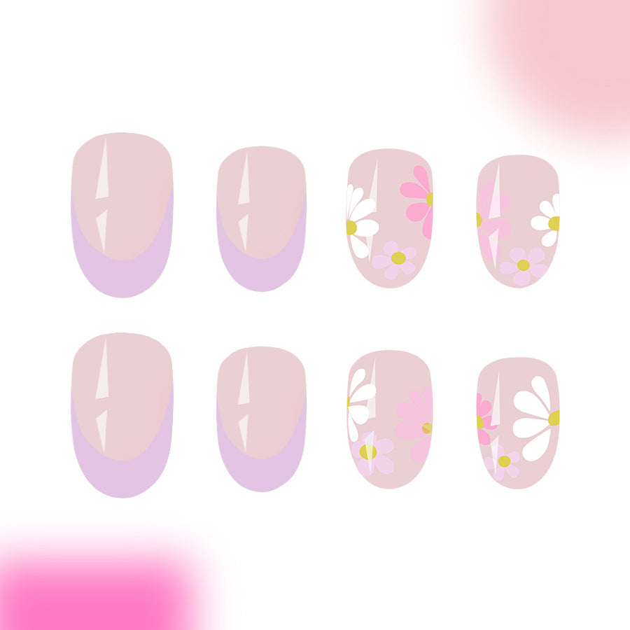 24pcs Short Oval sleeves light Purple French flowers Nails