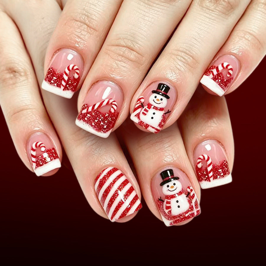 24pcs Short Square Red-white French Stripe Glitter Christmas Nails