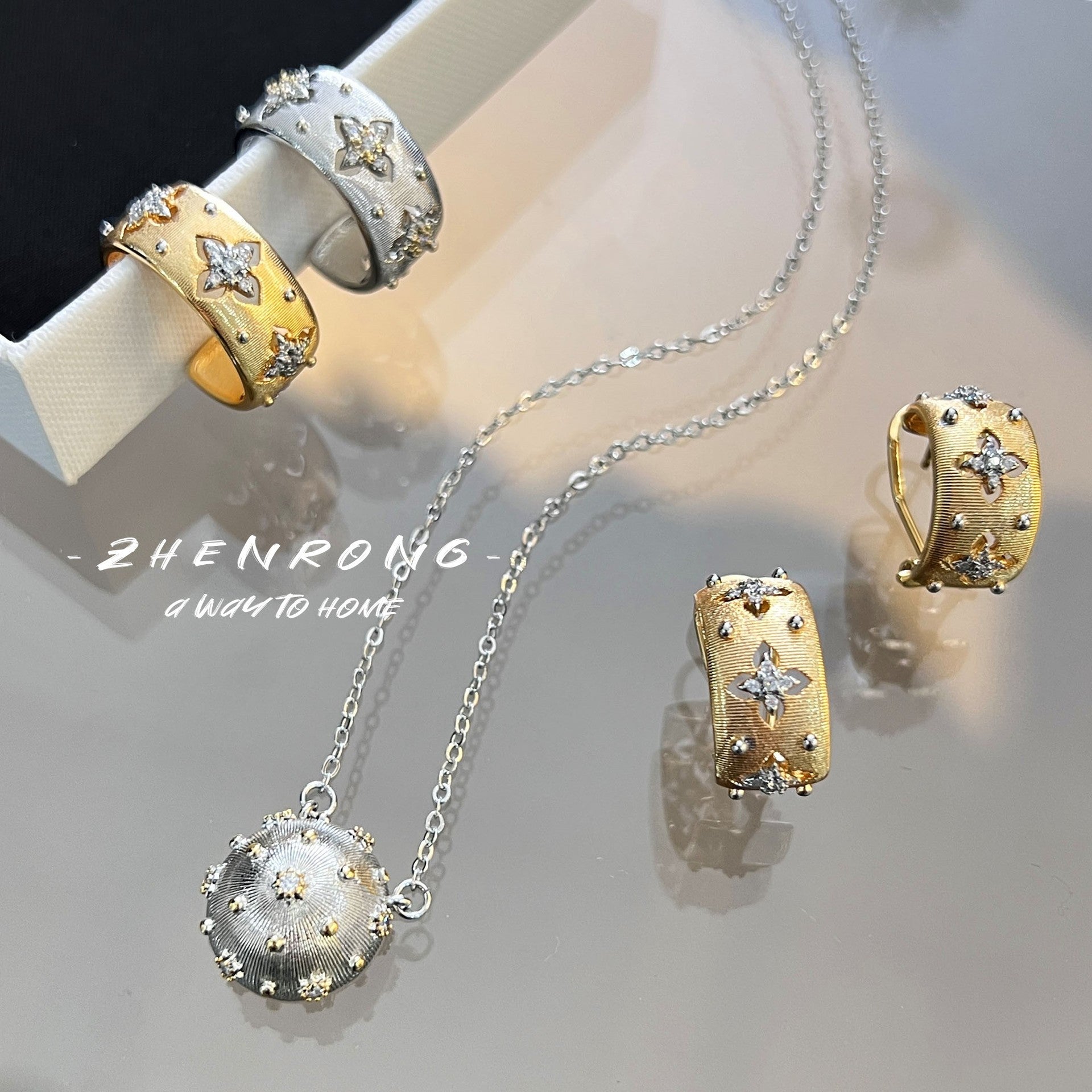 Two-color gold craftsmanship fabric finger ring, genuine gold electroplated earrings, necklace, bracelet, for women