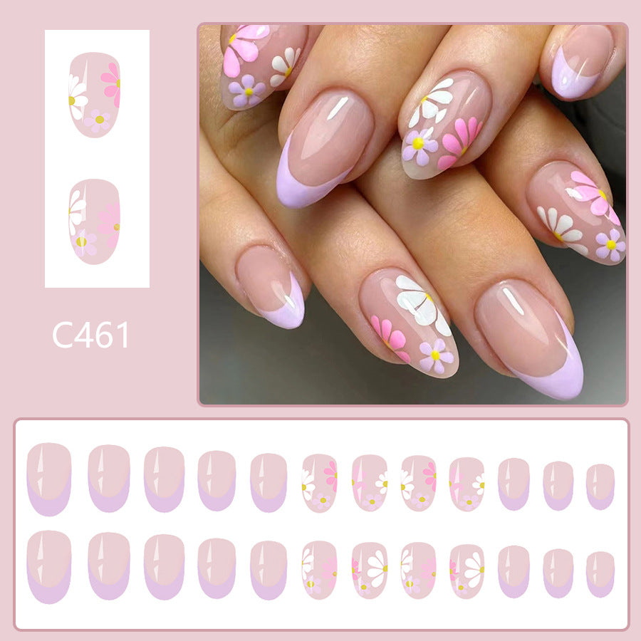 24pcs Short Oval sleeves light Purple French flowers Nails
