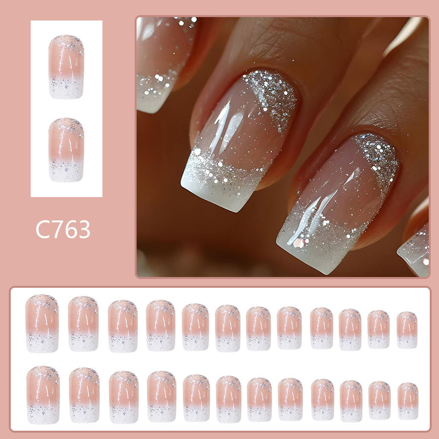 24pcs Medium glossy white edge French manicure