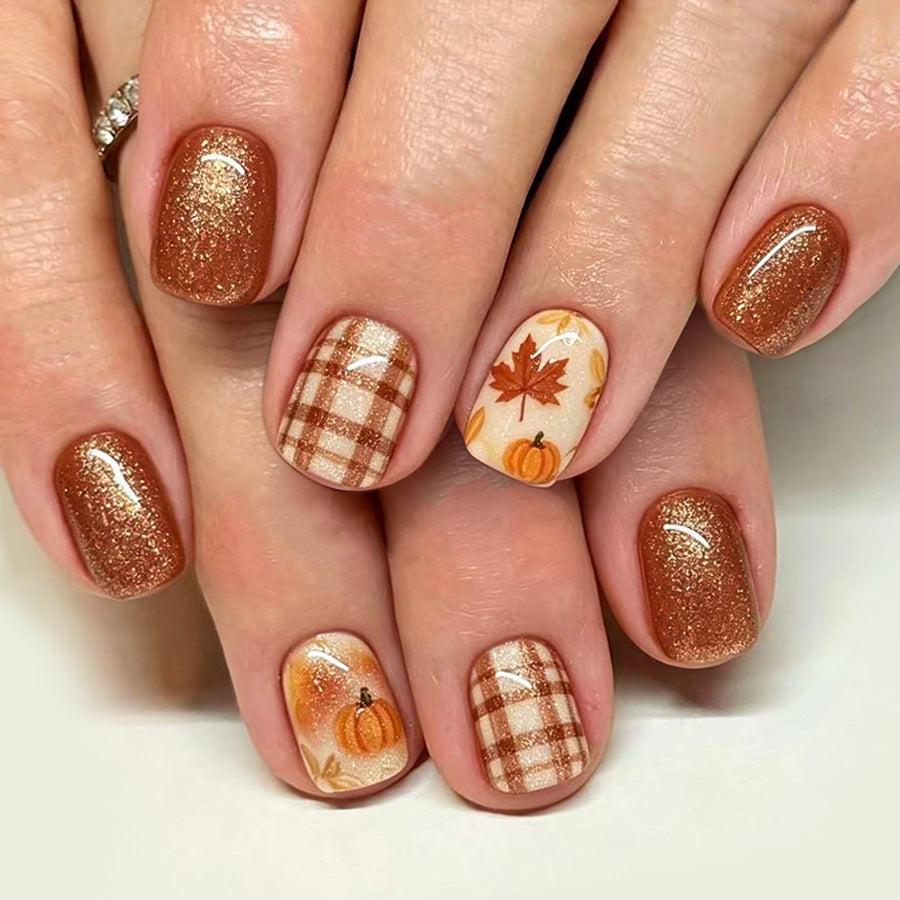 24pcs Short Glossy Square Brown Pumpkin leaf Nails