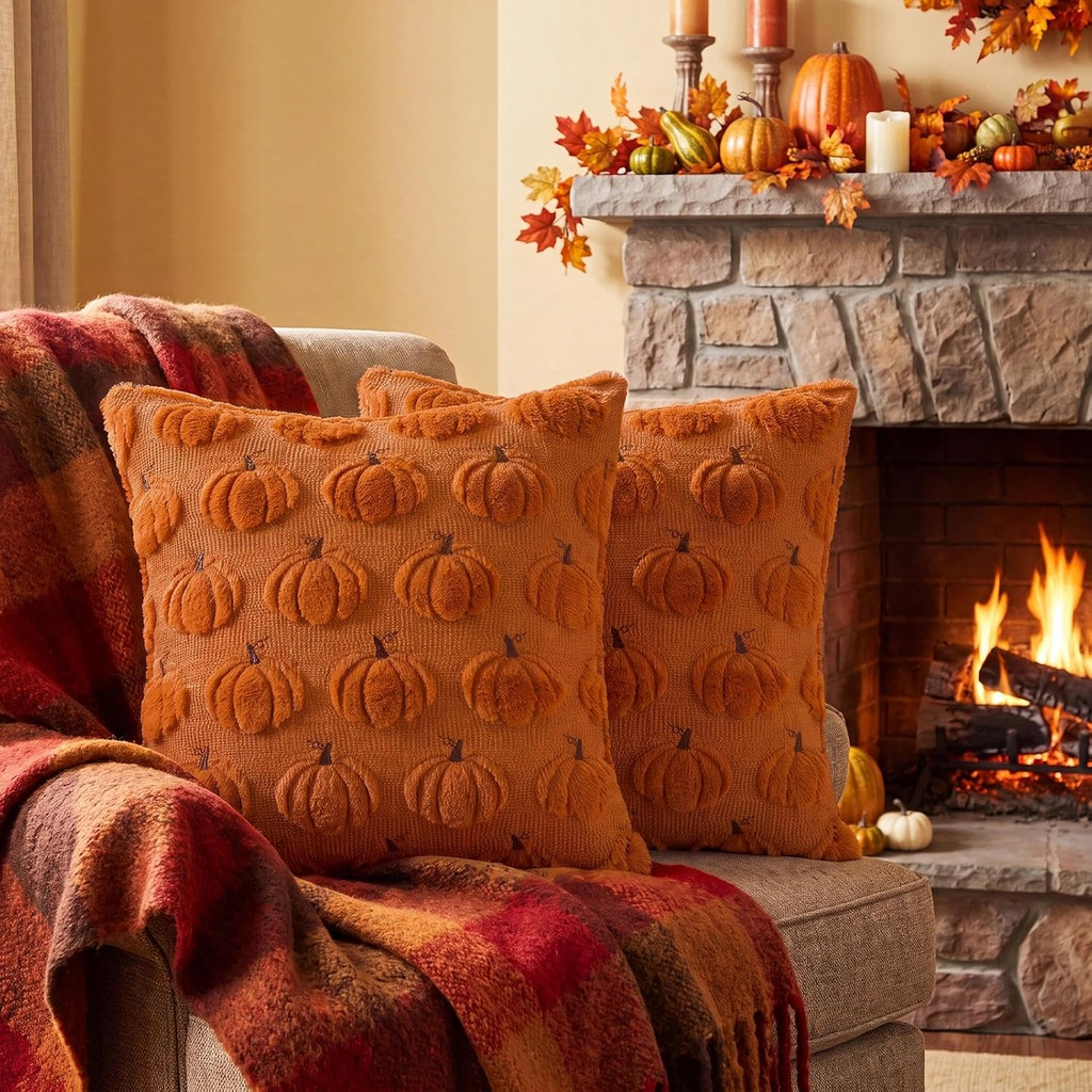 Softalker Fall Throw Pillow Covers 18x18 Set of 2 Rust Orange Pumpkin Decor